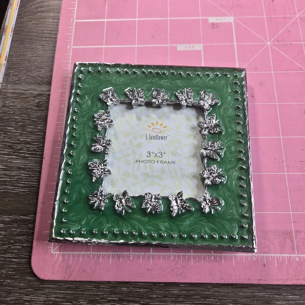 S Sunflower Green Enamel Butterfly Metal Small Square Picture Frame 3x3